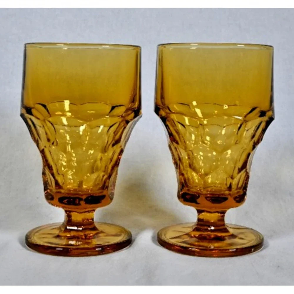 Set of 2 Vintage 1960 Anchor Hocking Georgian Paneled Tumblers Amber Gold 10 oz